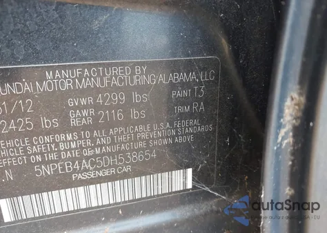 2013 Hyundai Sonata Gls z USA, uszkodzony, nr VIN 5NPEB4AC5DH538654